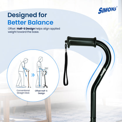 Simon’s Quadra Aluminum Walking Stick with Four-Leg Base, Height Adjustable – Black