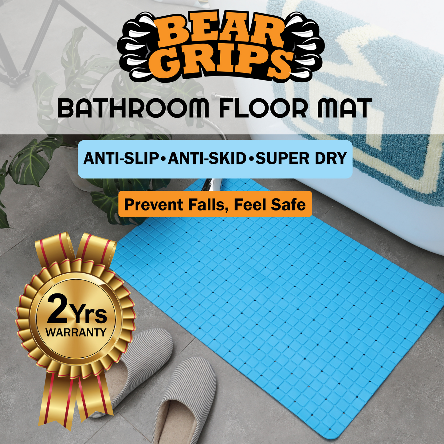 BEAR GRIPS Anti-Slip bathroom floor mat with suction grips(Size: 78 X 46 cm, Sky Blue)
