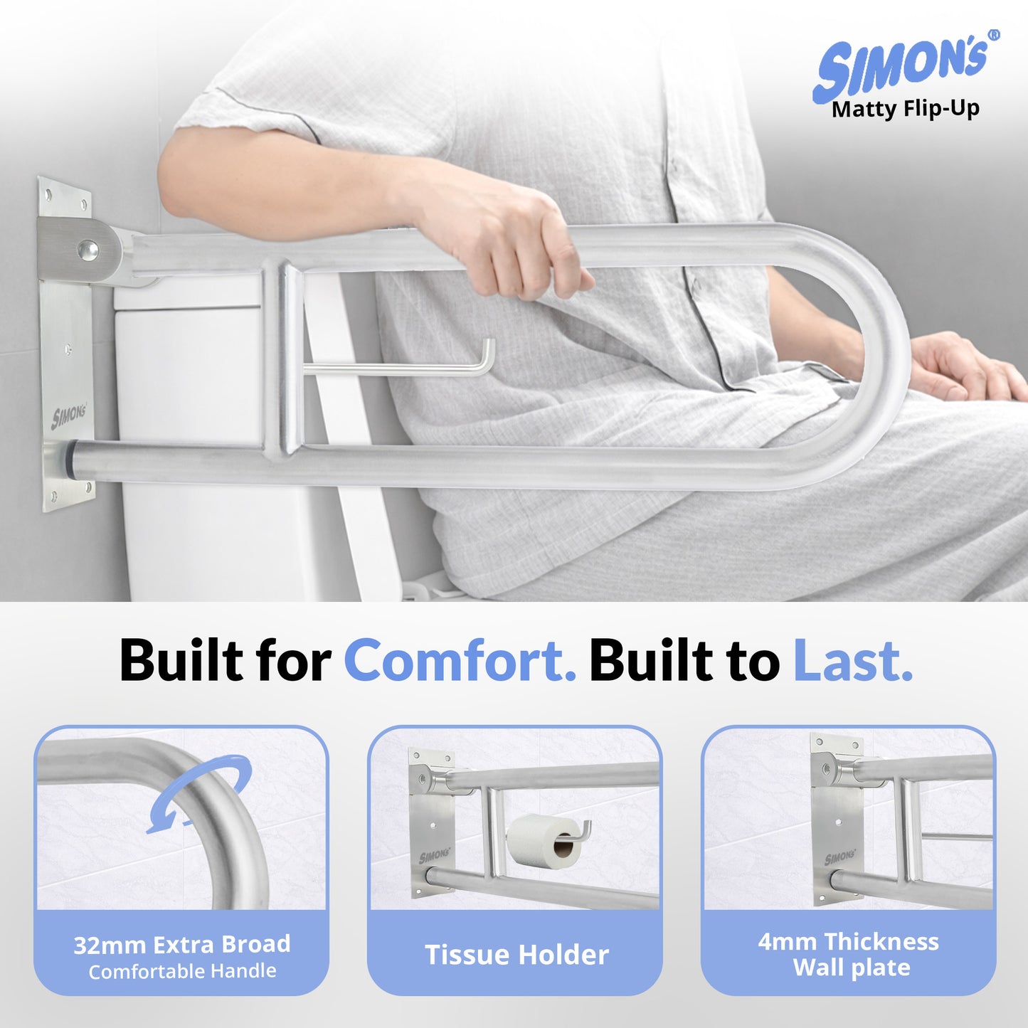 Simon’s Heavy-Duty Flip-Up Grab Bar – 60cm, Matte Finish Stainless Steel