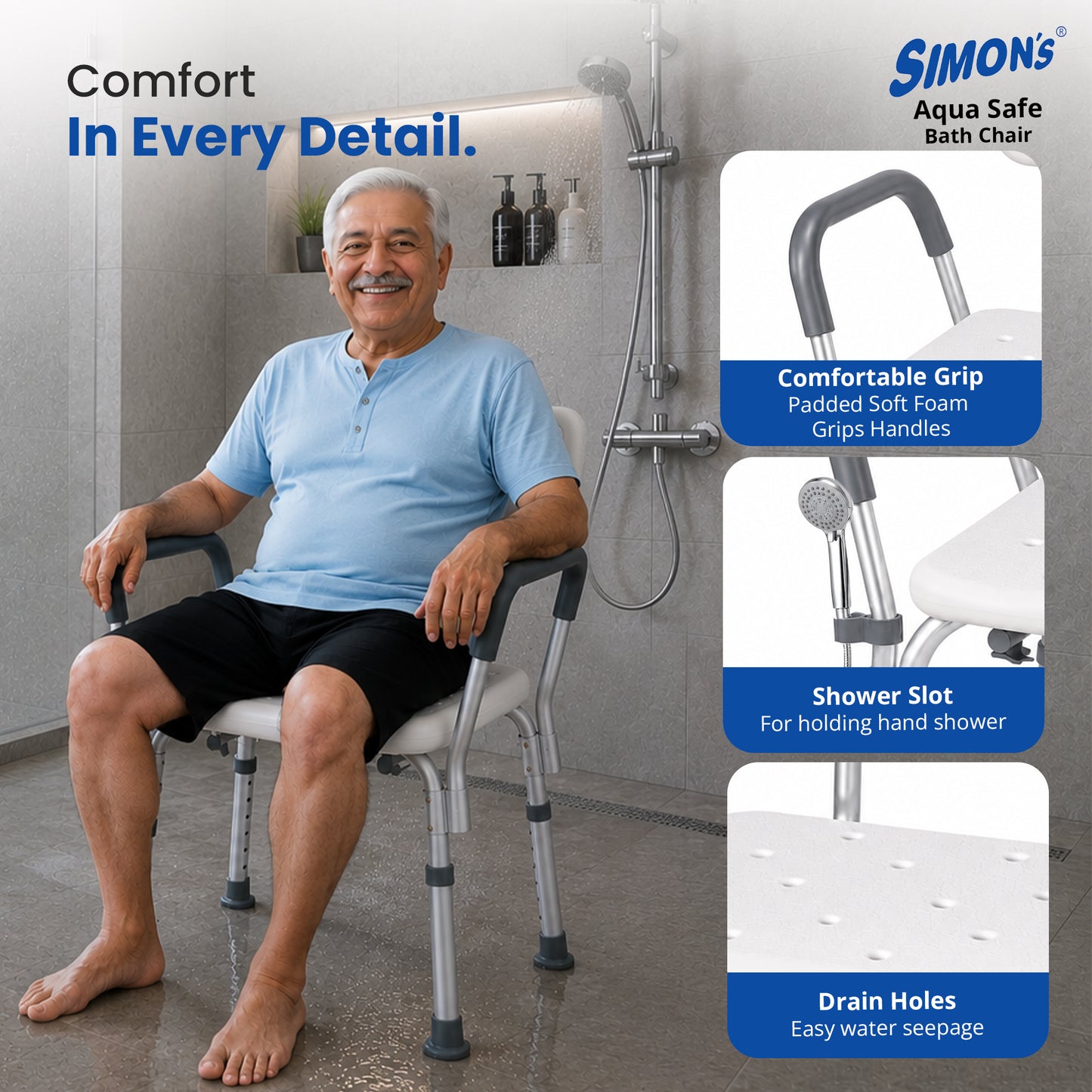 Simon’s Aqua-Safe Heavy-Duty Bath Chair for Elderly, Senior Citizens to sit and take Bath, Shower Bench with Height Adjustable & Tool-Free Assembly