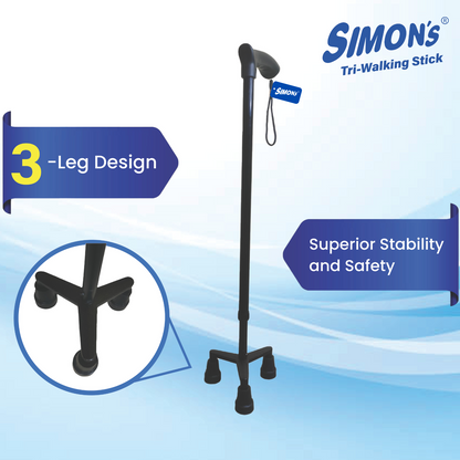 Simon’s Aluminum Walking Stick with 3-Legs | Lightweight Height Adjustable Hand Stick for Elderly, Handicapped and Patients Walking Support | Tripod Legs| Color - Black