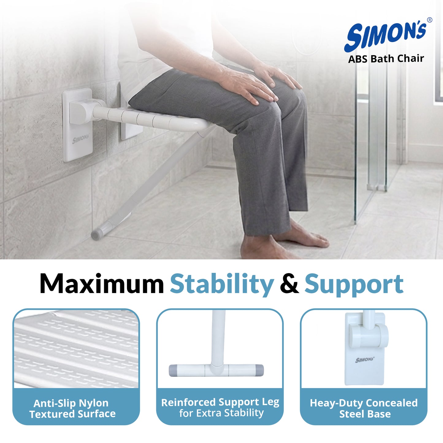 Simon’s Flip-up ABS+Steel with Nylon seat Bath Chair for Elderly to sit and take Bath, Folding Shower Chair with Stand
