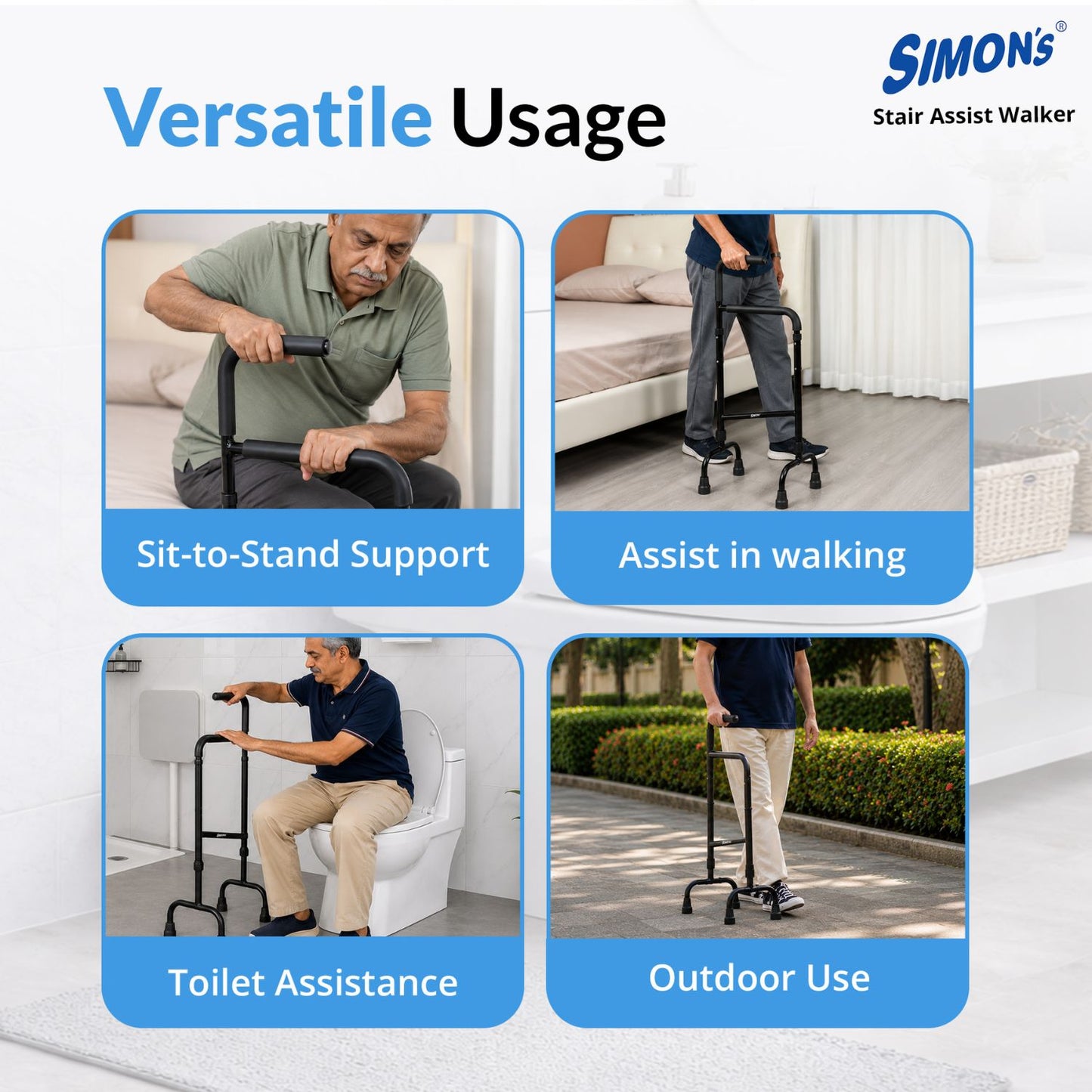 Simon’s Stairs Assist Walker | Light-weight Aluminum material with Quad legs| Upstairs & Downstairs Support for Elderly and limited mobility patients on Steps | Standing support in Toilet, Indoors & Outdoors | Height Adjustable
