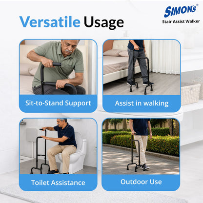 Simon’s Stairs Assist Walker | Light-weight Aluminum material with Quad legs| Upstairs & Downstairs Support for Elderly and limited mobility patients on Steps | Standing support in Toilet, Indoors & Outdoors | Height Adjustable
