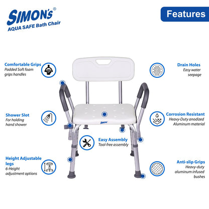 Simon’s Aqua-Safe Heavy-Duty Bath Chair for Elderly, Senior Citizens to sit and take Bath, Shower Bench with Height Adjustable & Tool-Free Assembly