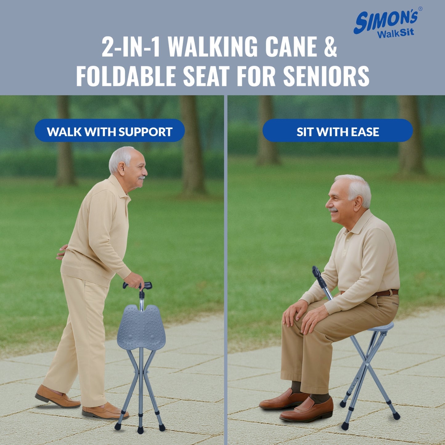 Simon’s WalkSit Walking Stick with Seat Height Adjustable | Broad Seat | 136 Kg Weight Capacity