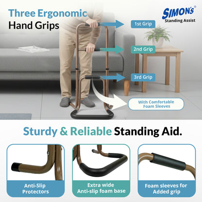 Simon's Elevate Aluminum Standing Assist for Elderly Helps in Sitting and Standing from Chair, Sofa, or Bed with Tri-Level Handgrip and Adjustable Height | Light-Weight Support Stand