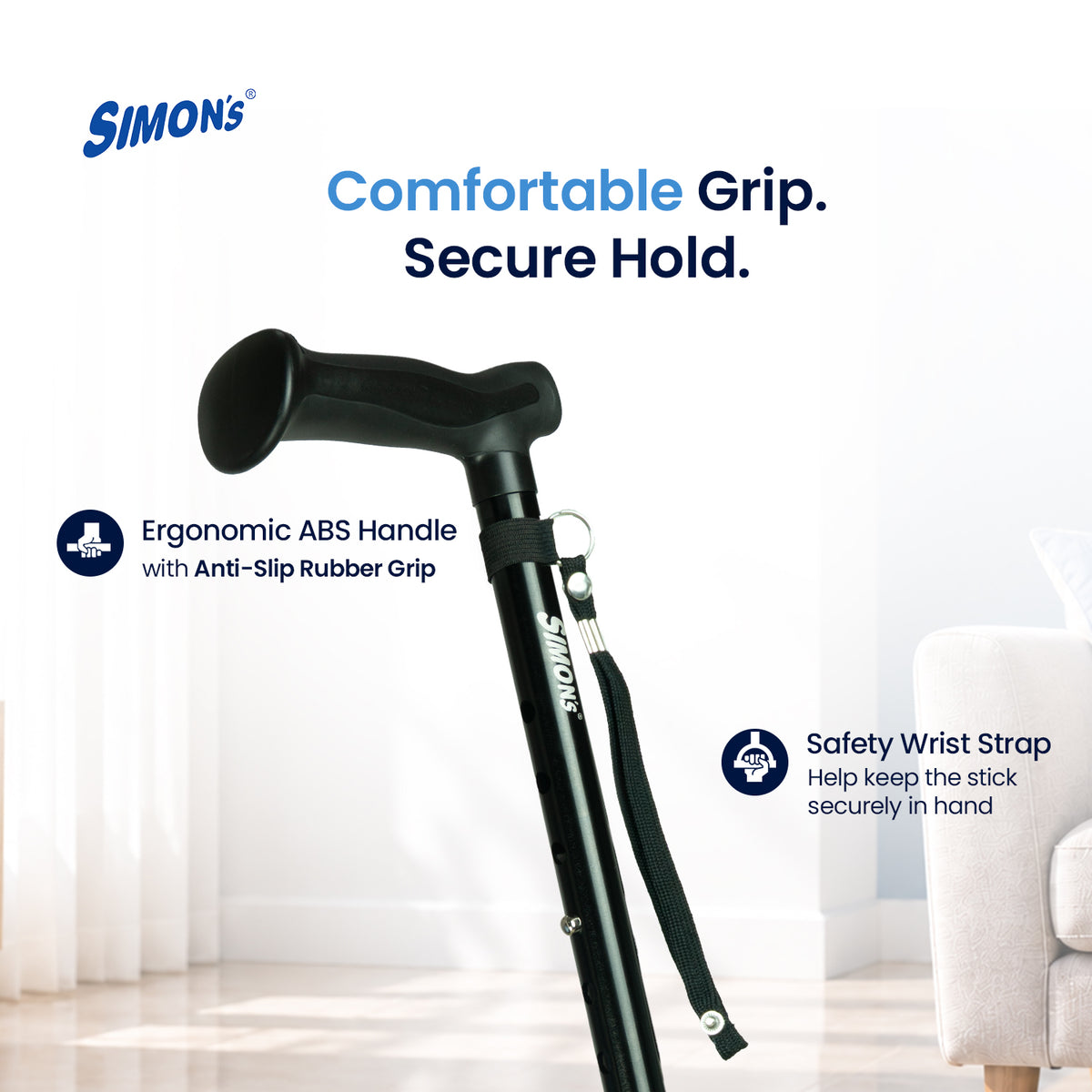 Simon’s Uno Foldable Aluminum Walking Stick with 360° Pivot Base, Foldable & Height Adjustable – Black
