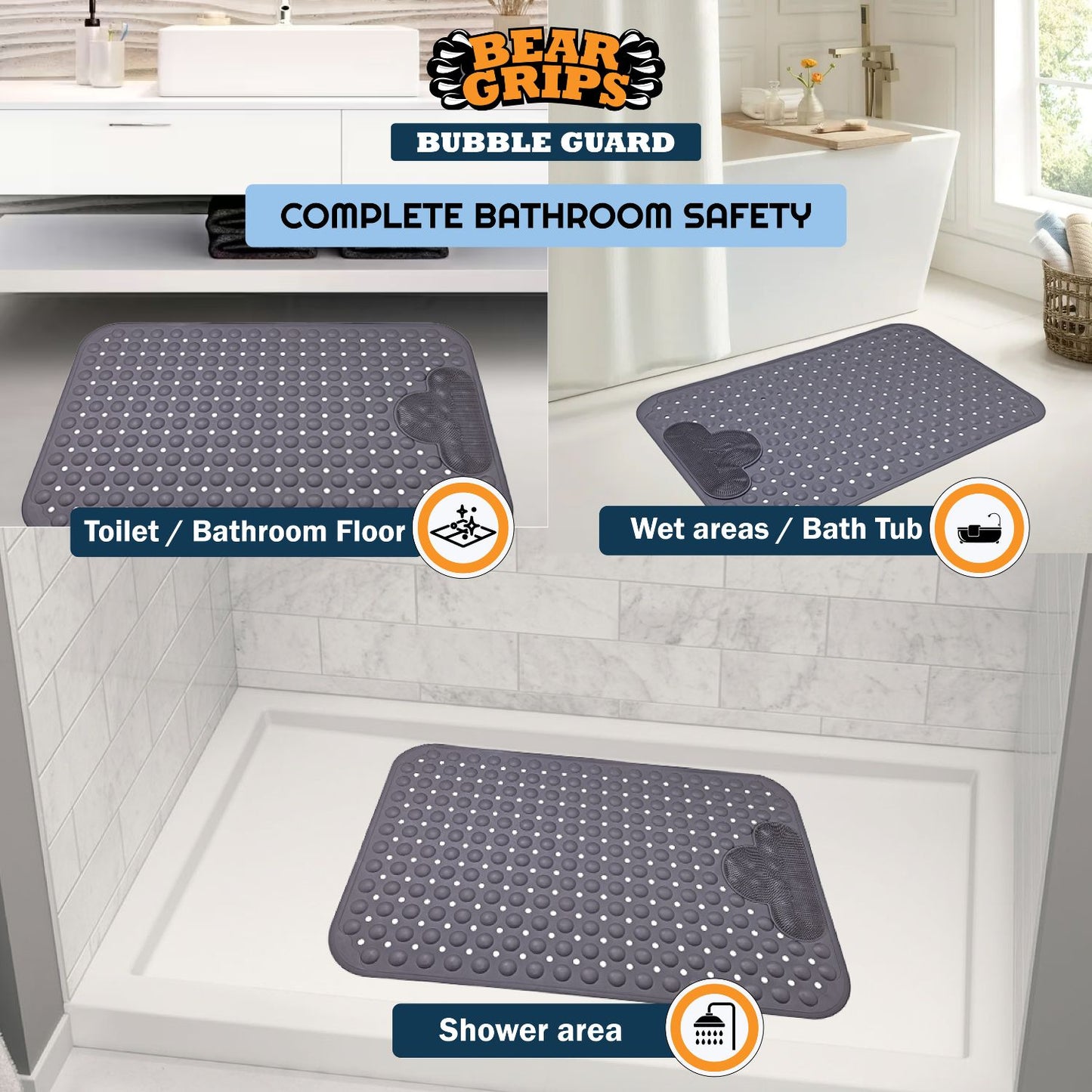 BEAR GRIPS BubbleGuard Anti-Slip Bathroom Shower mat with Anti-Skid Suction Cups and Foot Scrub | TPE Material | Large Size 80 X 50 Cm| Stone Grey