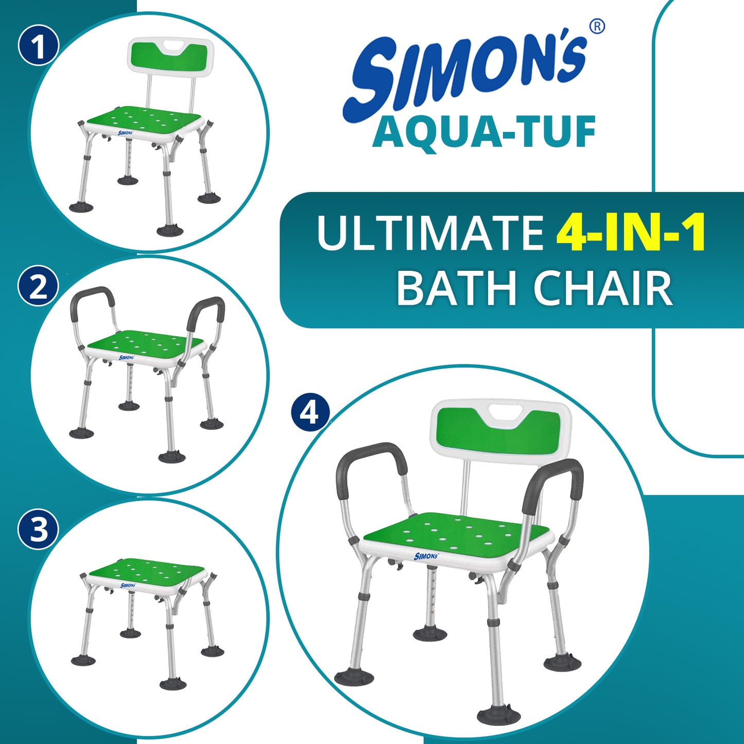 Simon’s Aqua-TUF Heavy-Duty Bath Chair for Elderly, Senior Citizens to sit and take Bath, Shower Bench with Jumbo Suction Grips Base | Height Adjustable & Tool-Free Assembly - Green - Pack of 1