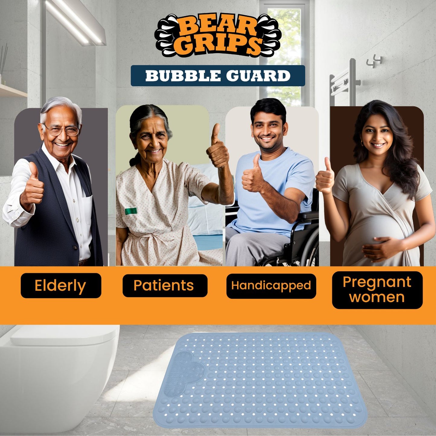 BEAR GRIPS BubbleGuard Anti-Slip Bathroom Shower mat with Anti-Skid Suction Cups and Foot Scrub | TPE Material | Large Size 80 X 50 Cm| Sky Blue
