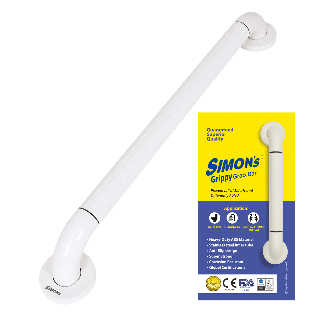 Simon's Grippy Grab Bar white textured safety handrail made with heavy-duty Nylone outer sleeve and stainless steel inner tube
