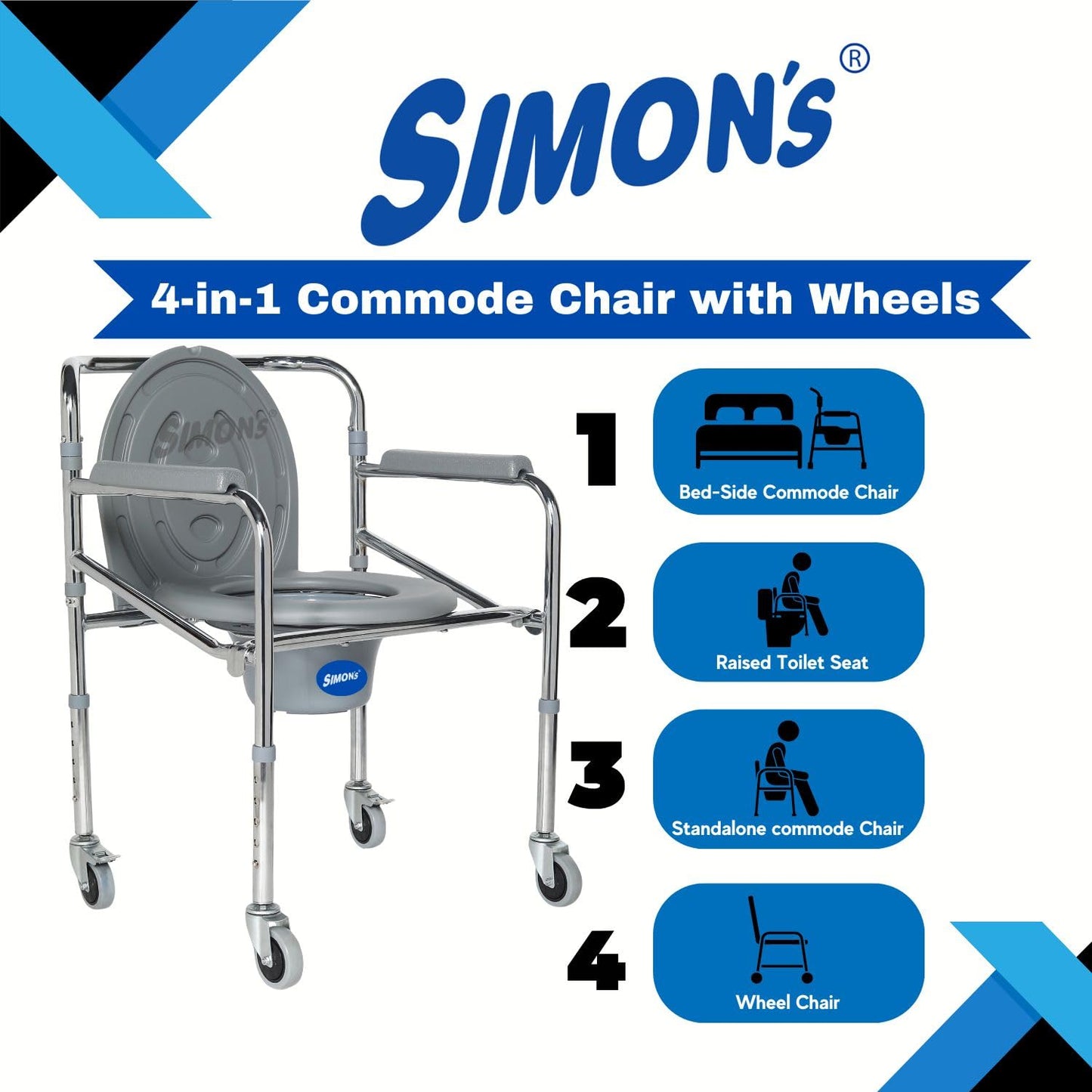 Simon’s Classic folding 4-in-1 commode chair with wheels