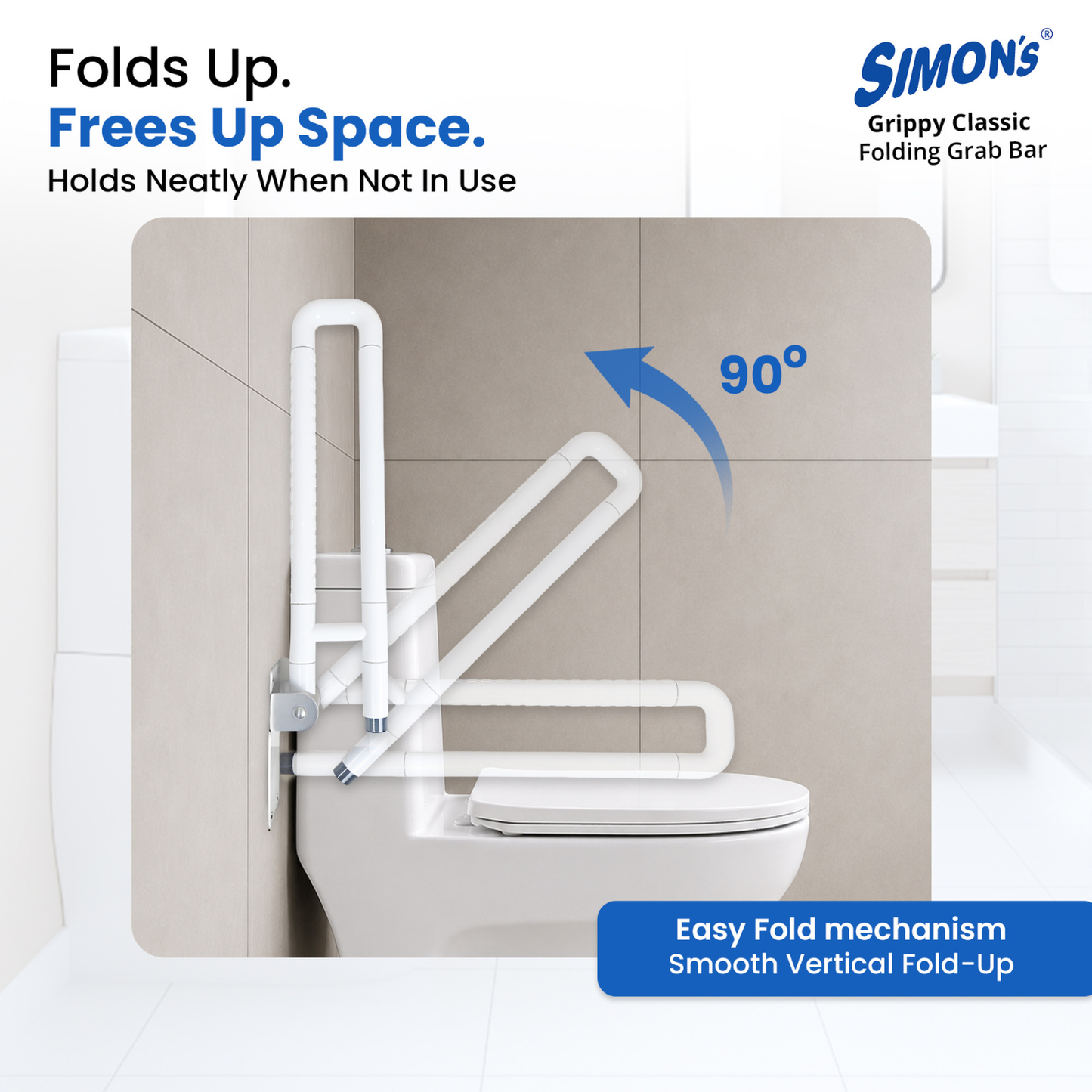 Simon’s Grippy Classic Folding Grab Bar for Elderly, Seniors | Toilet & Commode Safety Support Handle | ABS Outer Tube + SS304 Reinforced Core | Corrosion-Resistant | 60 cm | Pack of 1