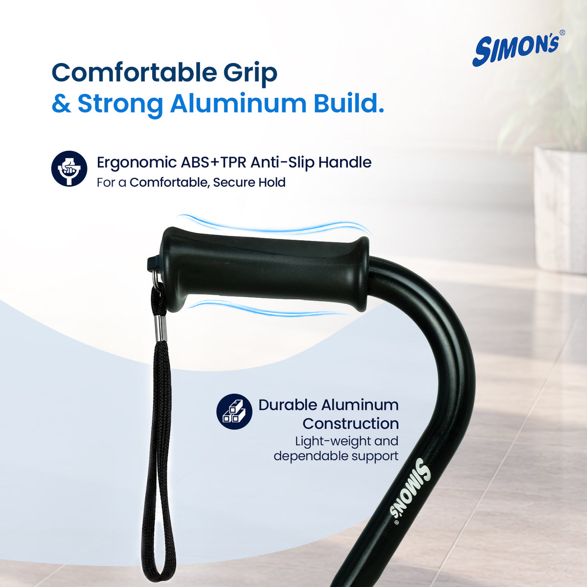 Simon’s Quadra Aluminum Walking Stick with Four-Leg Base, Height Adjustable – Black