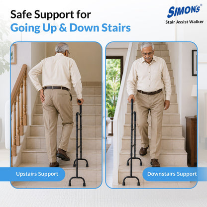 Simon’s Stairs Assist Walker | Light-weight Aluminum material with Quad legs| Upstairs & Downstairs Support for Elderly and limited mobility patients on Steps | Standing support in Toilet, Indoors & Outdoors | Height Adjustable