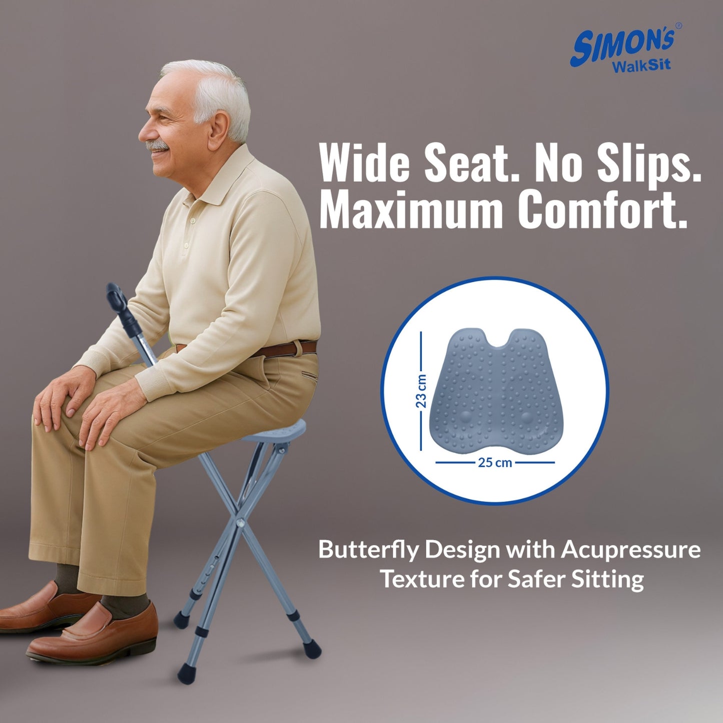 Simon’s WalkSit Walking Stick with Seat Height Adjustable | Broad Seat | 136 Kg Weight Capacity