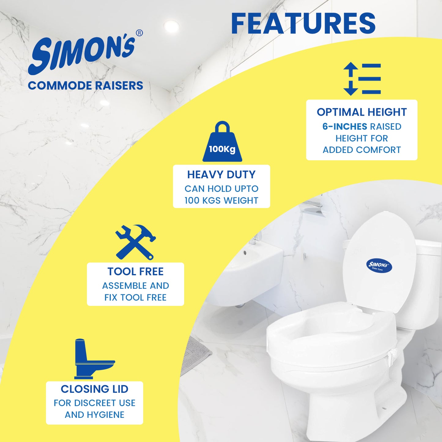Simon’s Heavy-Duty 6 Inch Commode seat raiser with lid cover – for elderly to sit and rise from commode toilets, portable seat extension for senior citizen with knee pain - Pack of 1