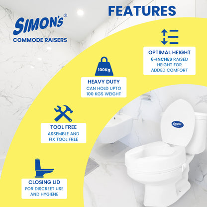 Simon’s Heavy-Duty 6 Inch Commode seat raiser with lid cover – for elderly to sit and rise from commode toilets, portable seat extension for senior citizen with knee pain - Pack of 1