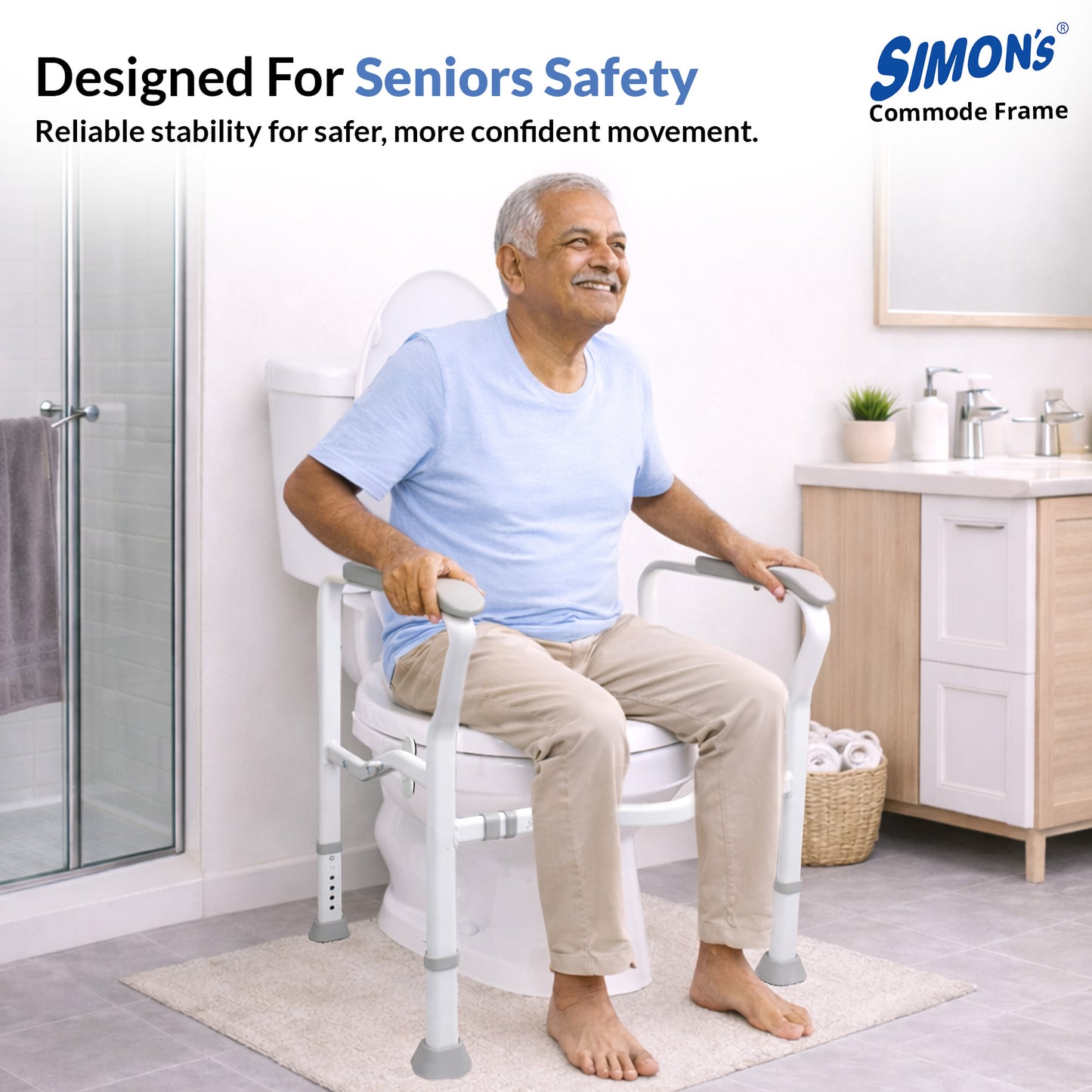 Simon's Heavy-Duty Steel Commode Frame for Elderly & Patients | Adjustable Height & Width Toilet Safety Rail | Powder Coated Rust-Resistant Frame | 3-Position Clamp Lock | Anti-Slip Grip Handles