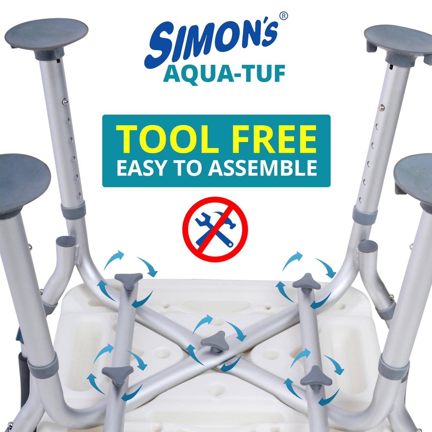 Simon’s Aqua-TUF Heavy-Duty Bath Chair for Elderly, Senior Citizens to sit and take Bath, Shower Bench with Jumbo Suction Grips Base | Height Adjustable & Tool-Free Assembly - Blue - Pack of 1