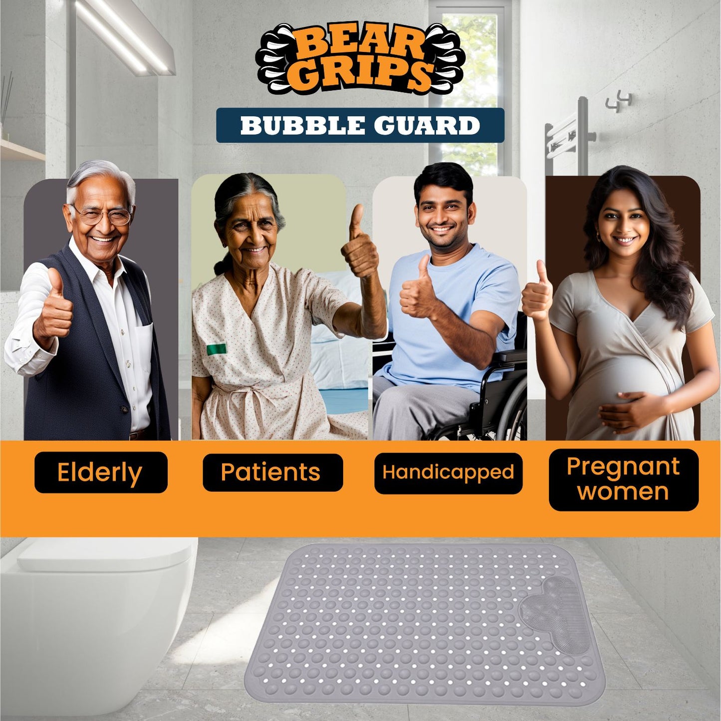 BEAR GRIPS BubbleGuard Anti-Slip Bathroom Shower mat with Anti-Skid Suction Cups and Foot Scrub | TPE Material | Large Size 80 X 50 Cm| Stone Grey