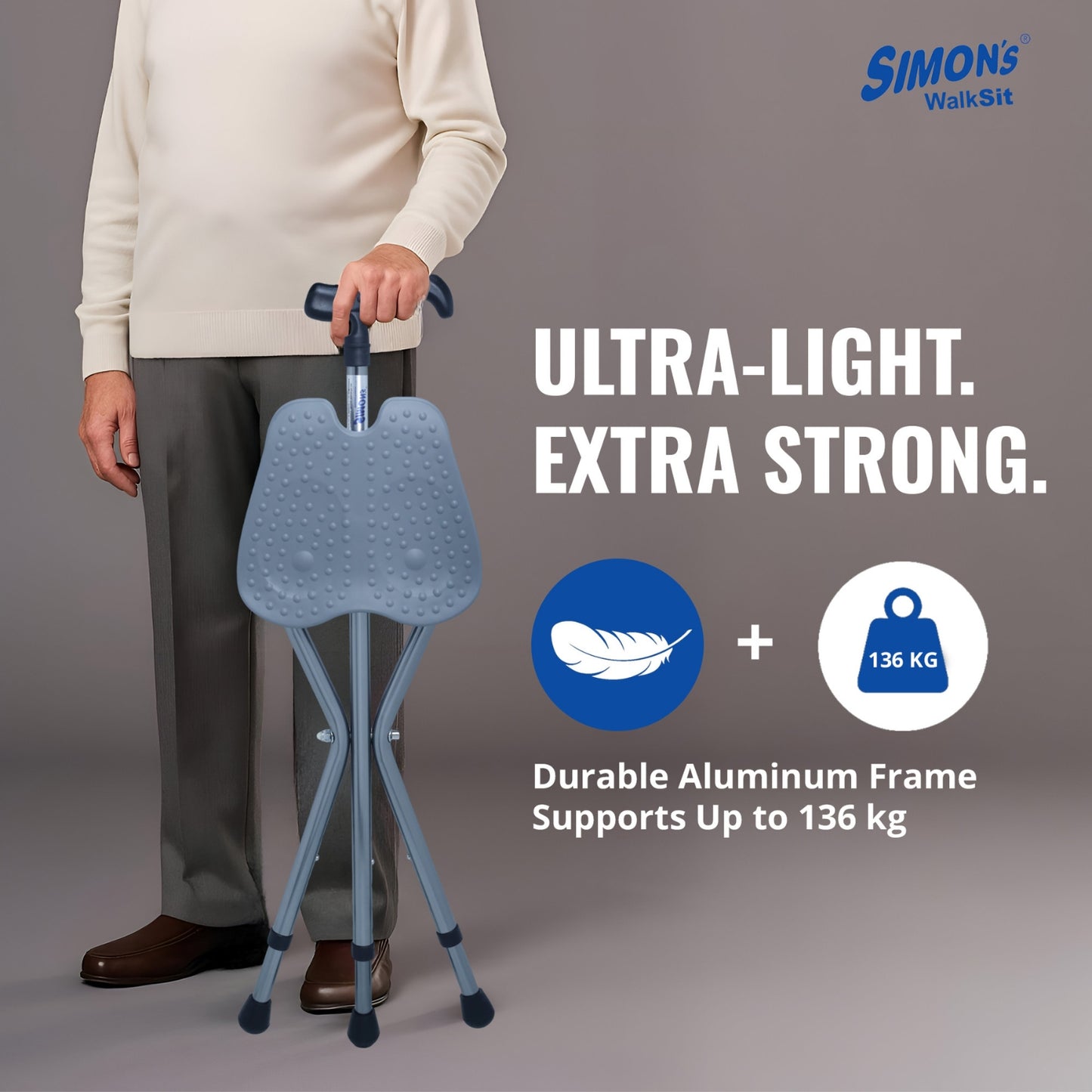 Simon’s WalkSit Walking Stick with Seat Height Adjustable | Broad Seat | 136 Kg Weight Capacity