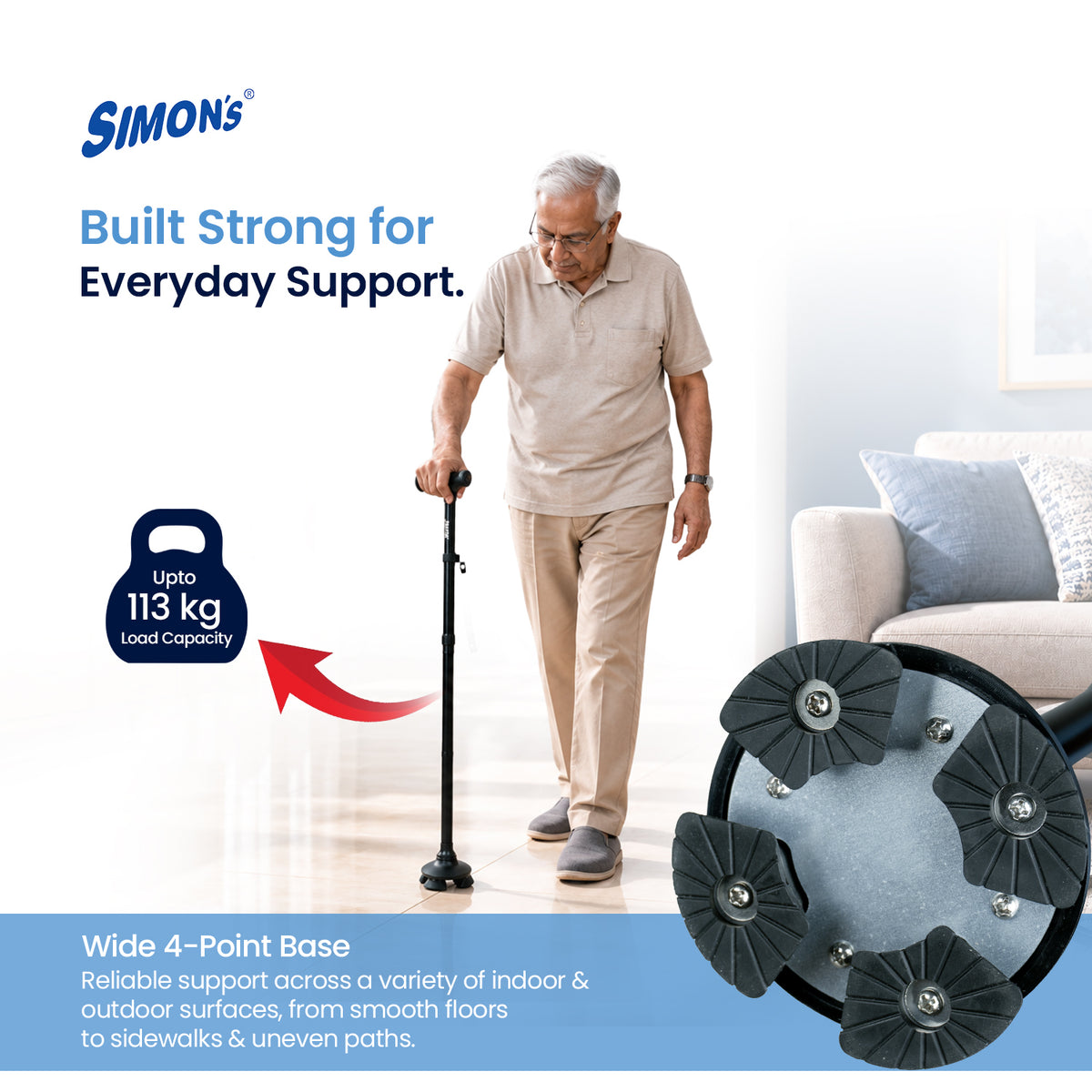 Simon’s Uno Foldable Aluminum Walking Stick with 360° Pivot Base, Foldable & Height Adjustable – Black