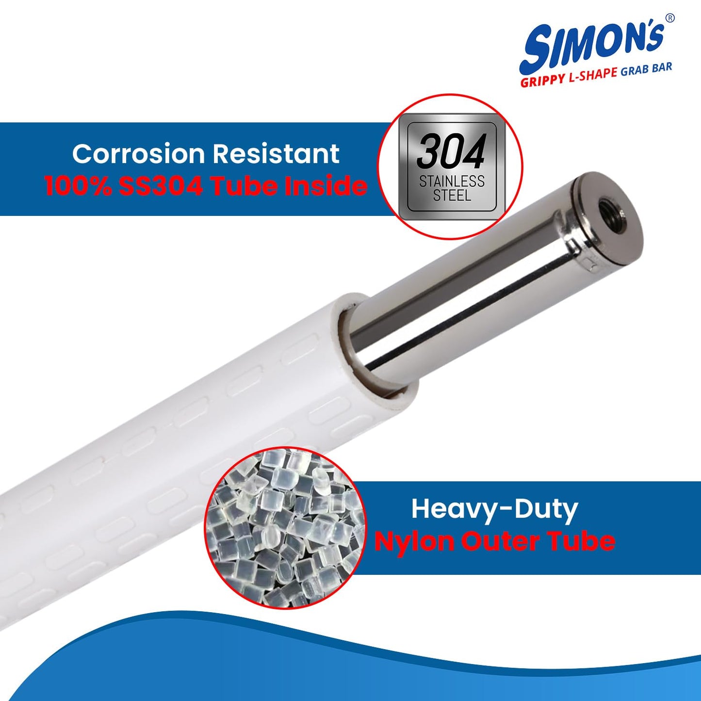 Simon's Grippy Heavy-Duty Nylon + SS304 Inside Bathroom and Toilet Anti Slip 90 Degree Grab bar for Elderly Hand Railing and Safety Handle| White | 3.5 cm Broad, 30 cm X 30 cm L-Shape Grab Rail