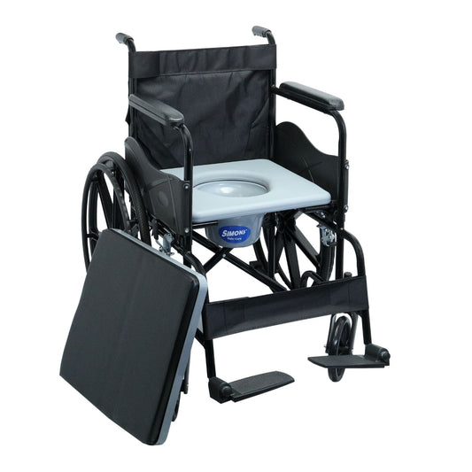Simon’s GlidePro folding Commode Wheelchair with Mag wheels, for easy mobility of elderly, handicapped and patients, with easy removable bucket and seat – Black