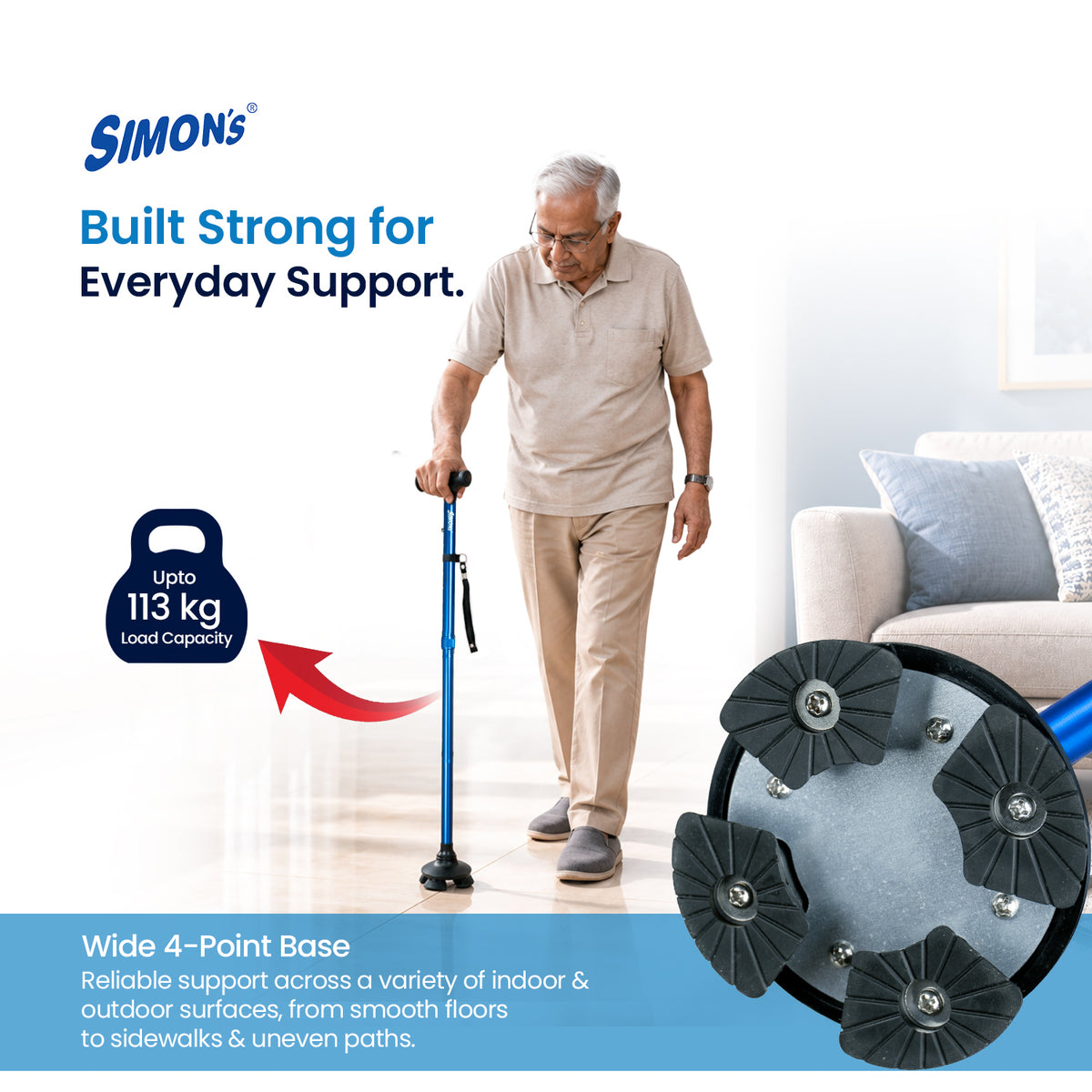 Simon’s Uno Foldable Aluminum Walking Stick with 360° Pivot Base, Foldable & Height Adjustable – Blue