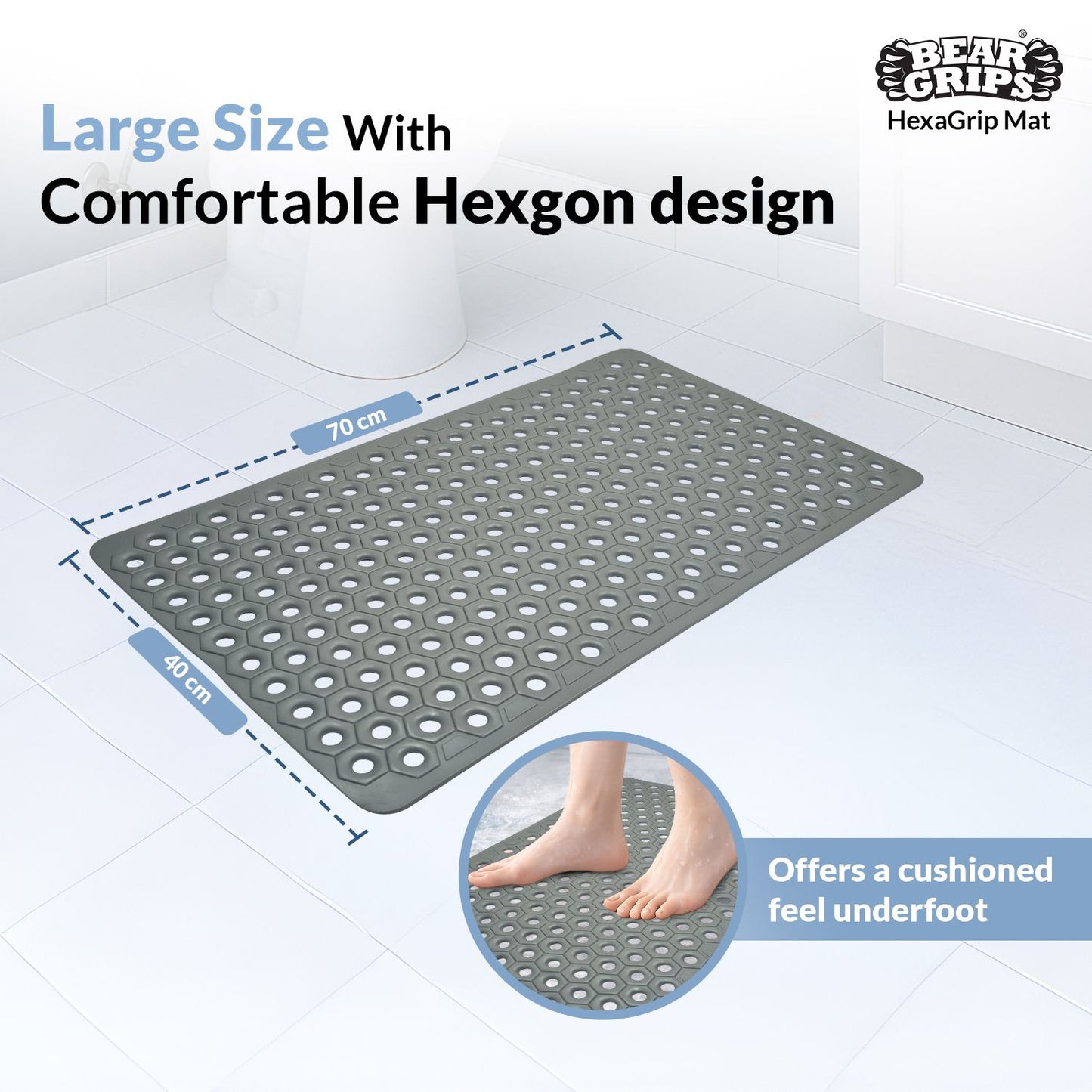 BEAR GRIPS HexaGrip Anti Slip PVC Bathroom Floor Mat, with Anti-Skid Suction Cups and Drain Holes | Ideal for Shower Area, Toilet Floor, Bath Area | Prevent Bathroom Falls - Size 70 X 40 cm - Grey