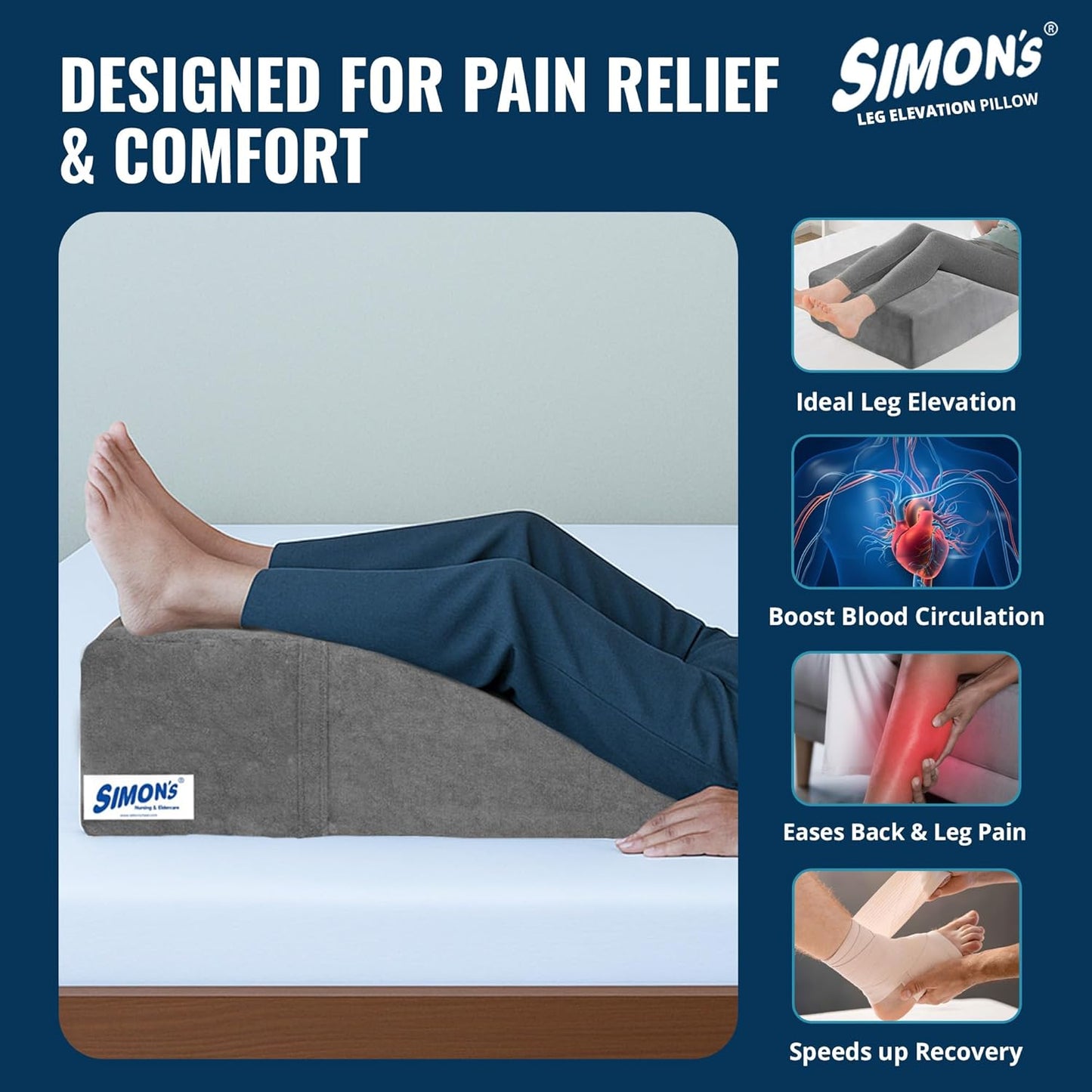 Simon’s Leg Elevation Pillow – Pain & Swelling Relief | Memory Foam Wedge for Leg Support | 21x24x6", 5-Year Warranty