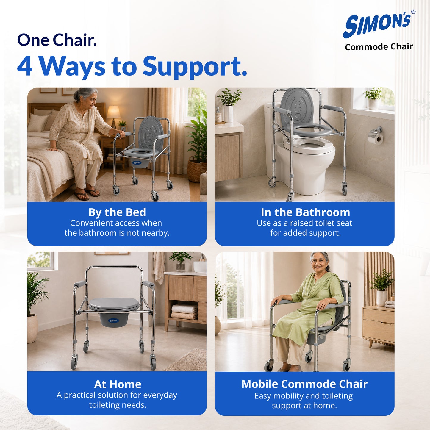 Simon’s Classic folding 4-in-1 commode chair with wheels