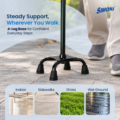 Simon’s Quadra Aluminum Walking Stick with Four-Leg Base, Height Adjustable – Black