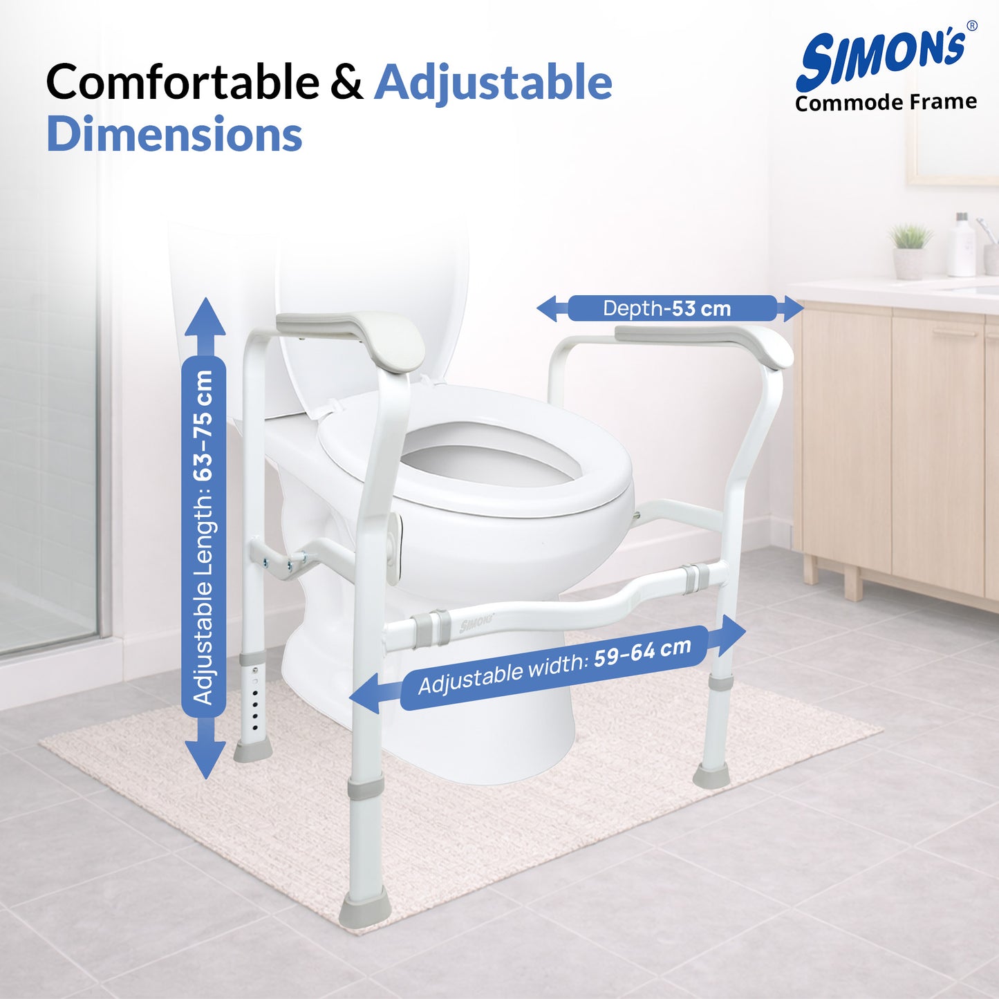 Simon's Heavy-Duty Steel Commode Frame for Elderly & Patients | Adjustable Height & Width Toilet Safety Rail | Powder Coated Rust-Resistant Frame | 3-Position Clamp Lock | Anti-Slip Grip Handles