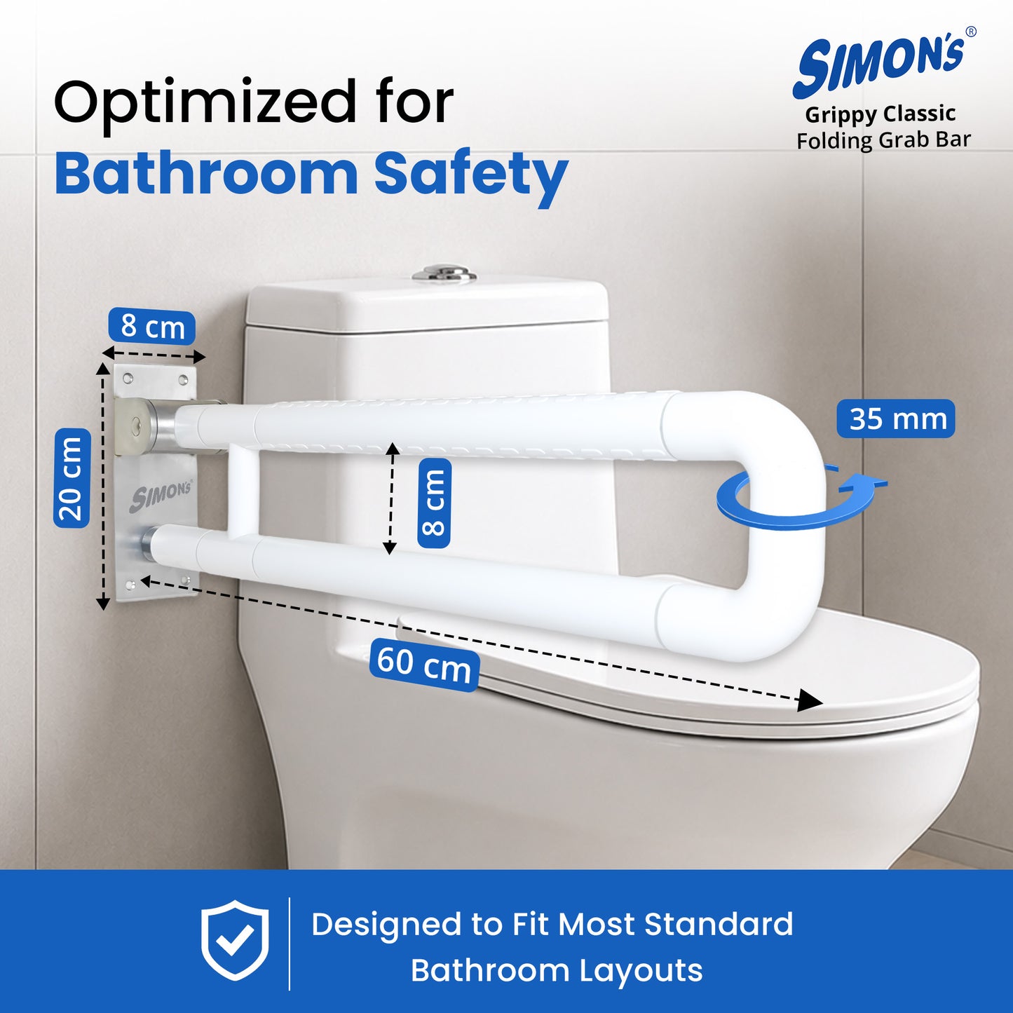 Simon’s Grippy Classic Folding Grab Bar for Elderly, Seniors | Toilet & Commode Safety Support Handle | ABS Outer Tube + SS304 Reinforced Core | Corrosion-Resistant | 60 cm | Pack of 1