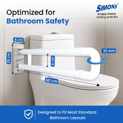 Simon’s Grippy Classic Folding Grab Bar for Elderly, Seniors | Toilet & Commode Safety Support Handle | ABS Outer Tube + SS304 Reinforced Core | Corrosion-Resistant | 60 cm | Pack of 1