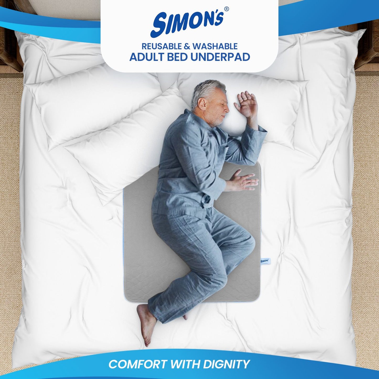 Simon’s Adult Reusable Classic Bed Underpad for Elderly, Heavy Absorbency Large Size 34 X 36 inches | Leak Proof 4 Layer Design Protects Surfaces for Incontinence Patients – Grey | Pack of 1