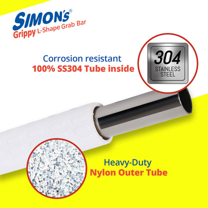 Simon's Grippy Heavy-Duty Nylon + SS304 Inside Bathroom and Toilet Anti Slip 90 Degree Grab bar for Elderly Hand Railing and Safety Handle| White | 3.5 cm Broad, 70cm X 50 cm L-Shape Grab Rail
