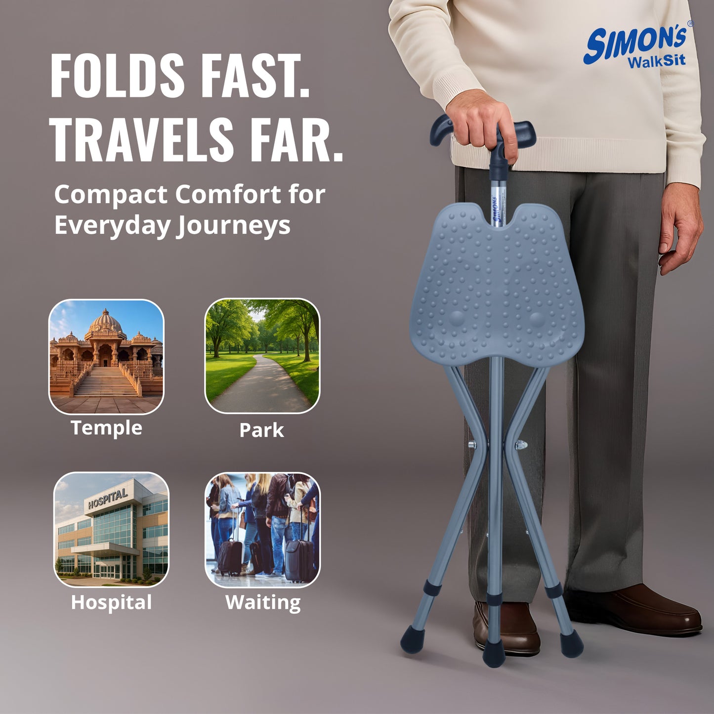 Simon’s WalkSit Walking Stick with Seat Height Adjustable | Broad Seat | 136 Kg Weight Capacity