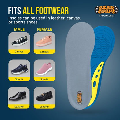 BEAR GRIPS Orthotic Shoe Insoles for All Day Comfort – Shock-Absorbing Gel & Heel Cushion for Pain Relief – Active+ Insoles | Men & Women| UK Size 9 to 12