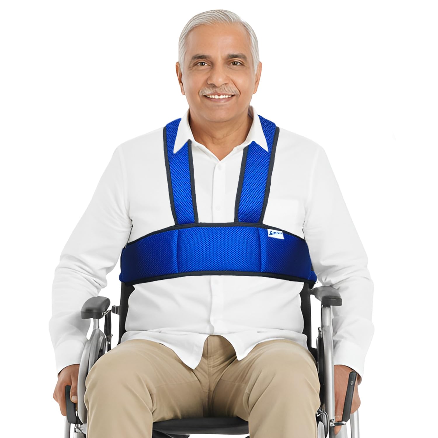 Man in a wheelchair wearing a blue safety harness on a white background
