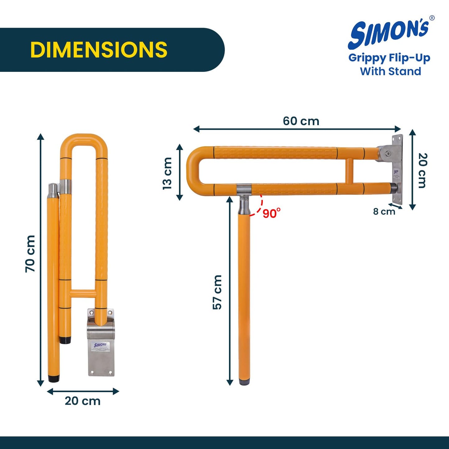 Simon’s Flip-Up Grab Bar with Floor Stand | SS304 + Nylon Build | Heavy-Duty Toilet Safety Rail for Elderly & Disabled | Anti-Slip Foldable Handrail for Bathroom/Commode – 60 cm, Orange