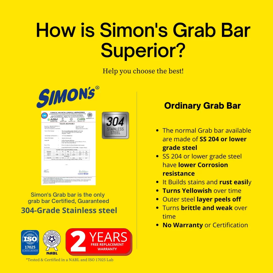 Simon's Matty 100% SS304 Grab bar | Hand rail | Bathroom safety rails | Support Handle