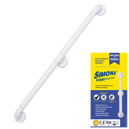 Simon's Grippy Heavy-Duty Nylon and SS304 Inside Bathroom and Toilet Anti Slip Grab bar with 2 Legs for Elderly Hand Railing and Safety Handle| White | 3.5 cm Broad, 90 cm Length Grab Rail - 1pc