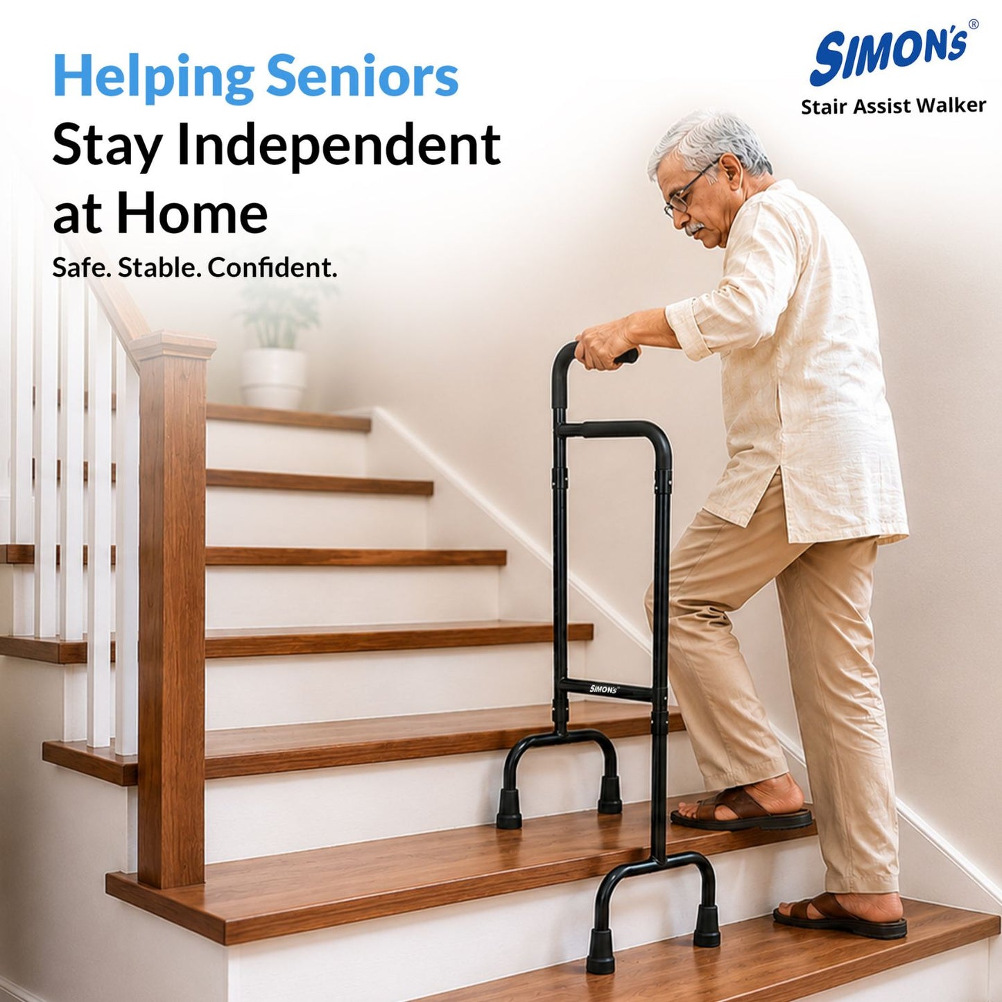 Simon’s Stairs Assist Walker | Light-weight Aluminum material with Quad legs| Upstairs & Downstairs Support for Elderly and limited mobility patients on Steps | Standing support in Toilet, Indoors & Outdoors | Height Adjustable