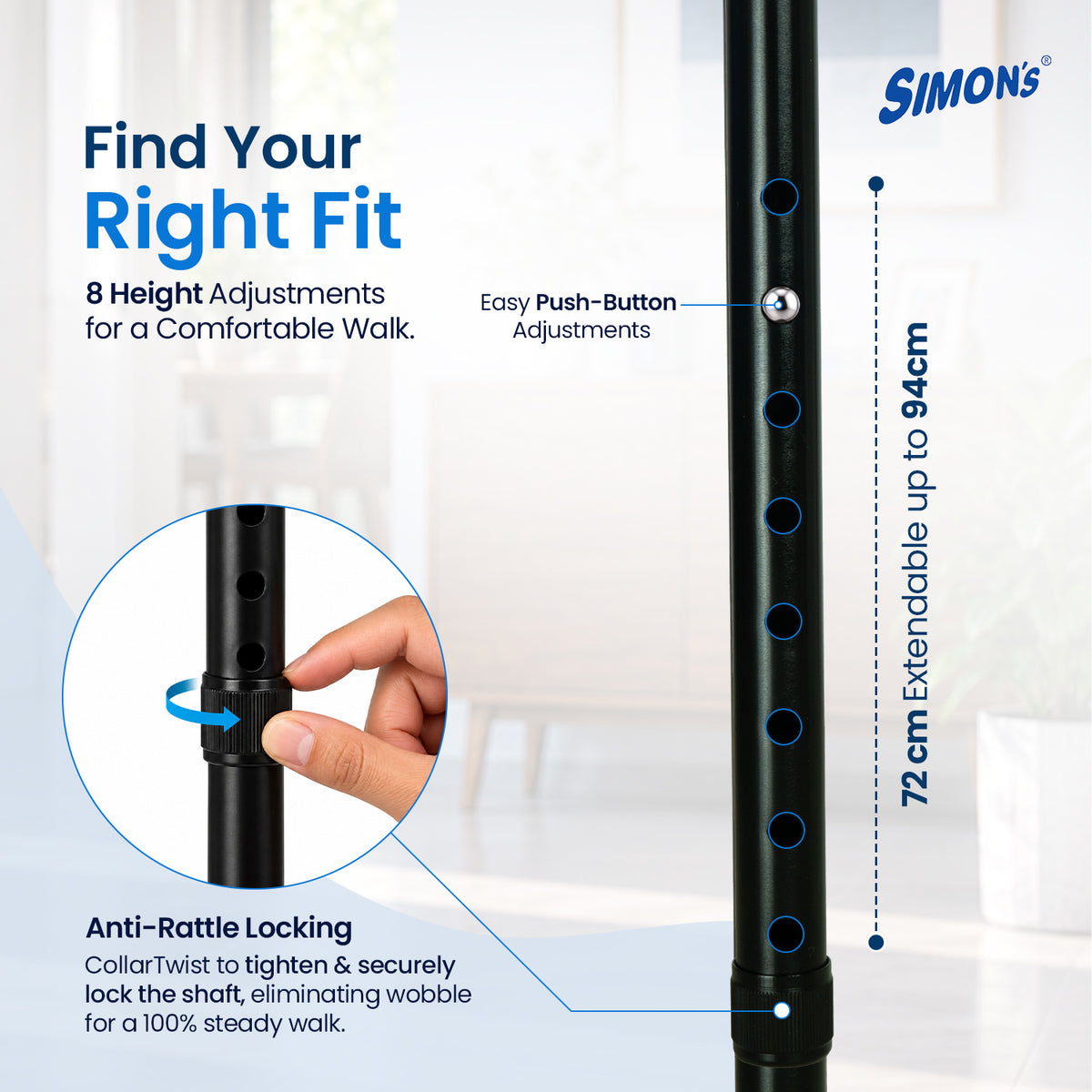 Simon’s Quadra Aluminum Walking Stick with Four-Leg Base, Height Adjustable – Black