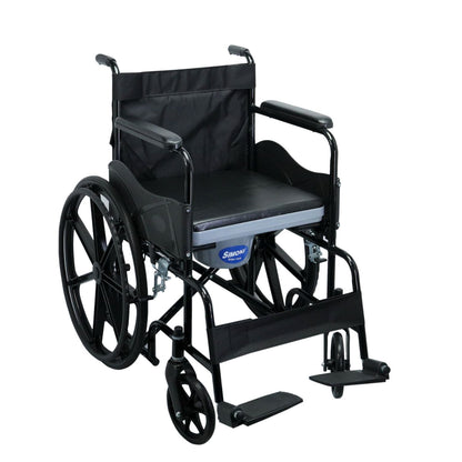 Simon’s GlidePro folding Commode Wheelchair with Mag wheels, for easy mobility of elderly, handicapped and patients, with easy removable bucket and seat – Black