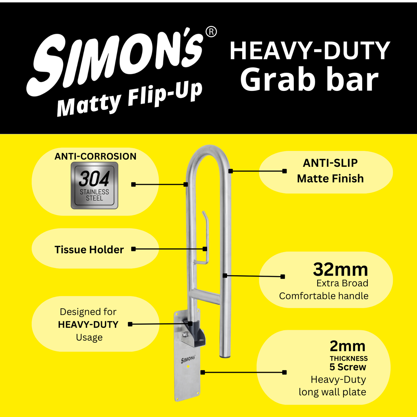 Simon’s Flip-Up SS304 Grab Bar – 32mm Heavy-Duty Toilet Support for Elderly - 80cm